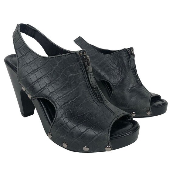 White Mountain Sandals Size 6 Slingback‎ Leather Studded Open Toe Heels Gray Zip - Picture 1 of 9